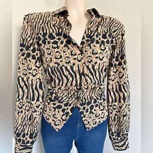 Vintage 90s Animal Print Button Front Career Blouse Shoulder Pads Sz 8